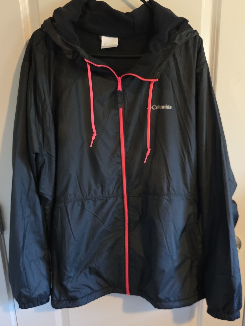 Columbia Womens Black Raincoat with Pink Trim, Insulated Lining.